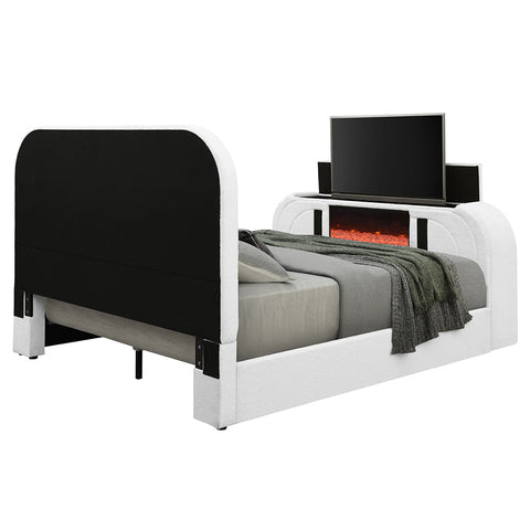 ACME Shelyn White Teddy Sherpa Chrome Queen Bed with LED TV Cabinet Fireplace Bluetooth Model BD04752Q