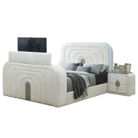 ACME Shelyn White Teddy Sherpa Chrome Queen Bed with LED TV Cabinet Fireplace Bluetooth Model BD04752Q