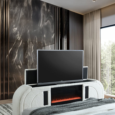 ACME Shelyn White Teddy Sherpa Chrome Queen Bed with LED TV Cabinet Fireplace Bluetooth Model BD04752Q