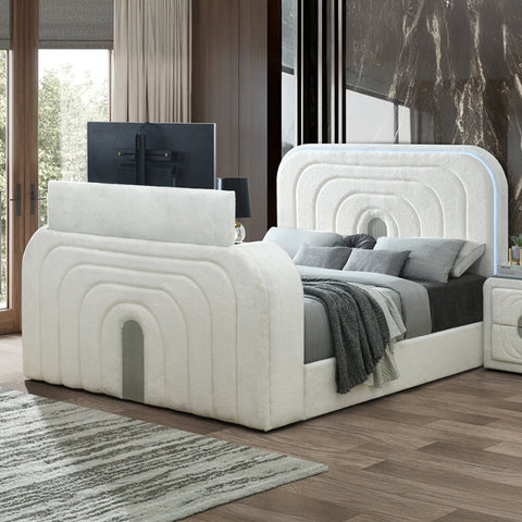 ACME Shelyn White Teddy Sherpa Chrome Queen Bed with LED TV Cabinet Fireplace Bluetooth Model BD04752Q