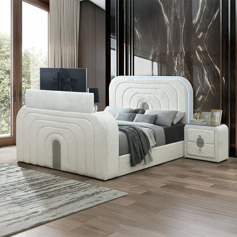 ACME Shelyn White Teddy Sherpa Chrome Queen Bed with LED TV Cabinet Fireplace Bluetooth Model BD04752Q