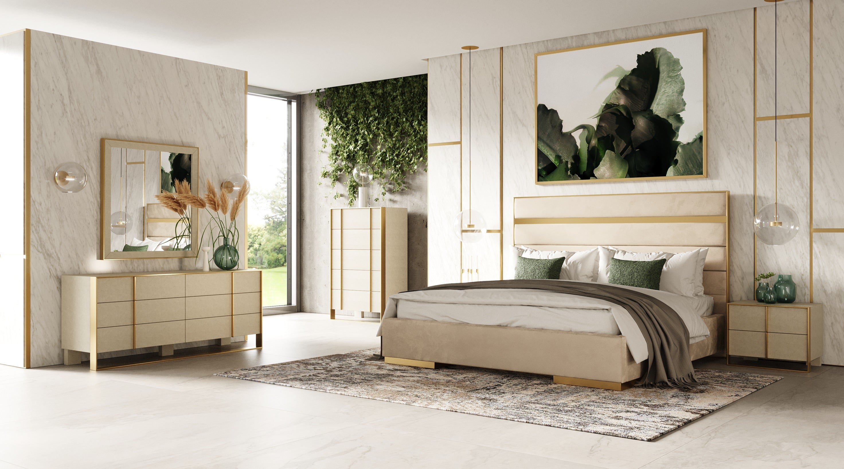 Eastern King Modrest Cartier Modern Beige Velvet & Brushed Brass 4 Piece Bedroom Set Model VGVCBD-A-002-BGE-BED-4PC-SET-EK