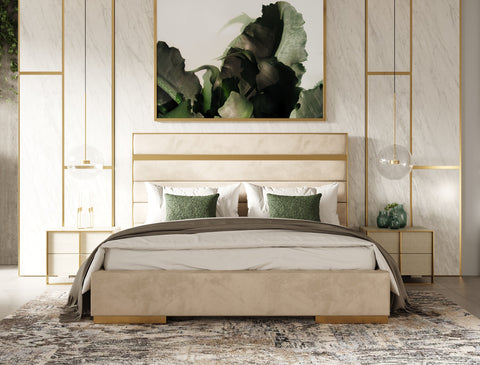 Modrest Cartier Modern Beige Velvet & Brushed Brass 4 Piece Bedroom Set Model VGVCBD-A-002-BGE-BED-4PC-SET