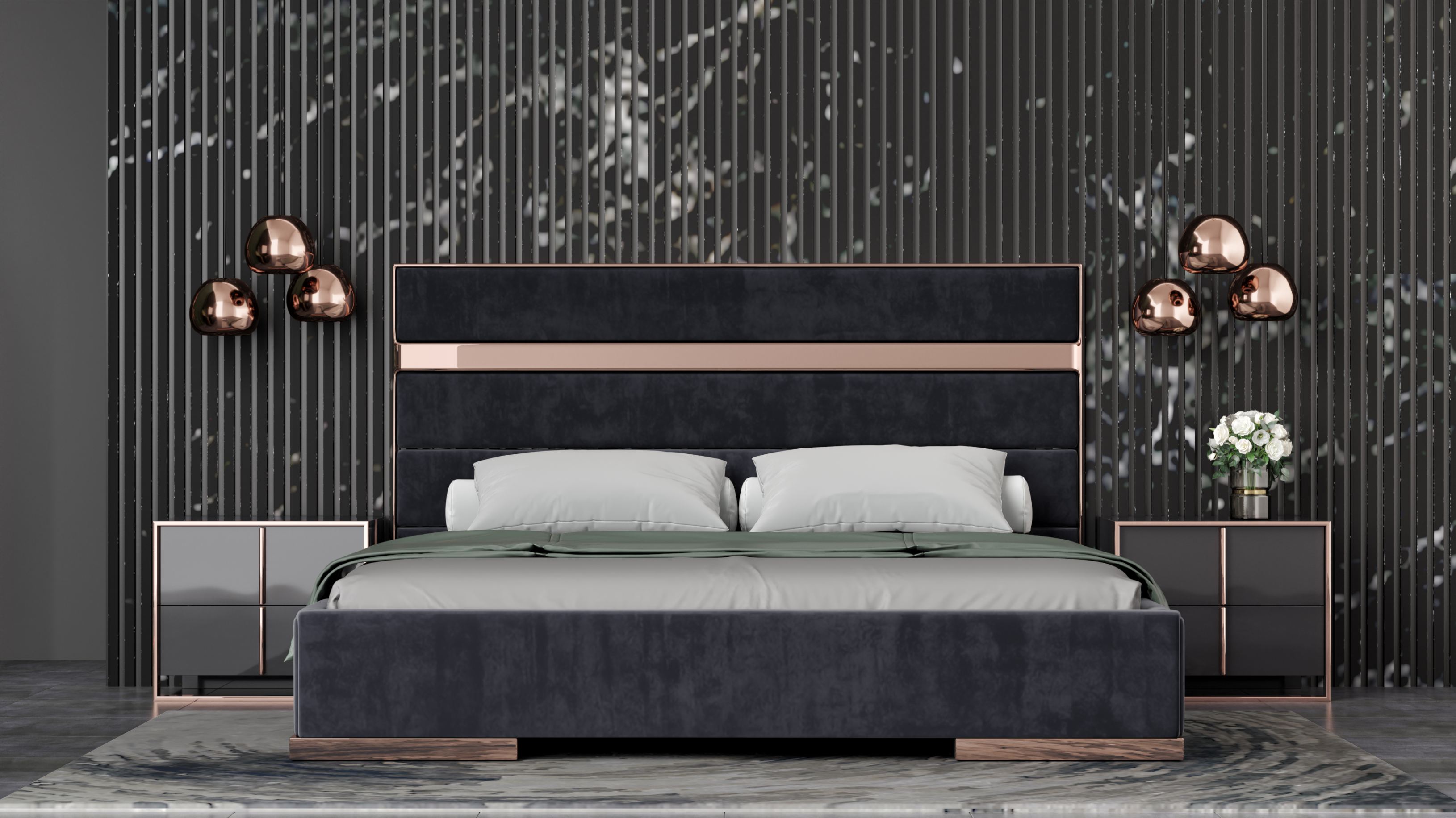Modrest Cartier California King Modern Black & Rose Gold Bed With Nightstands Model VGVCBD-A002-BLK-BED-2NS-SET-CK