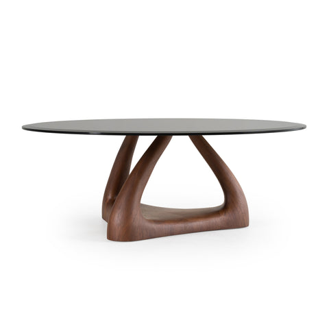 Modrest Christy Mid Century Modern Grey Glass & Walnut Round Coffee Table Model VGRY-RY-1166