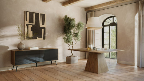 Modrest Cora Modern Walnut And Black Tempered Glass Dining Table Model VGBB-MI1412-WAL-DT