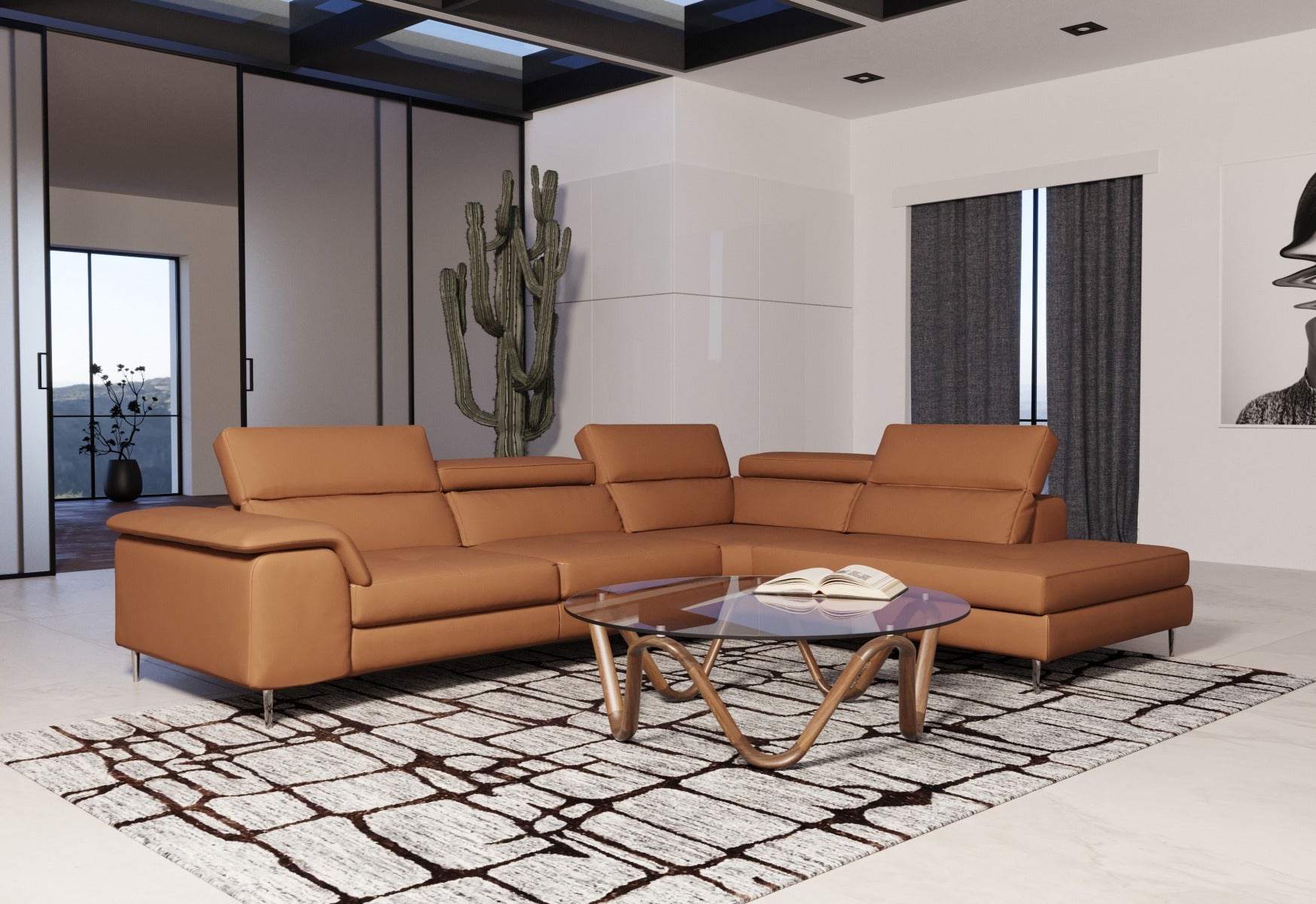 Lamod Italia Viola Italian Contemporary Cognac Leather Right Facing Sectional Sofa Model VGCCVIOLA-KIM-COG-RAF-SECT