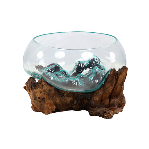 Salome Natural Wood and Transparent Aqua Glass Glass Bowl