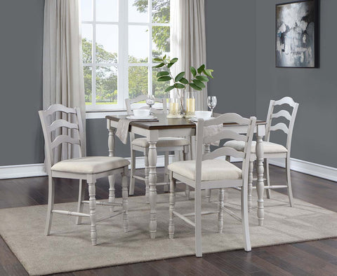 ACME Bettina Beige Fabric, Antique White & Weathered Oak Finish Bettina Counter Height Set (5PC) Model DN01439