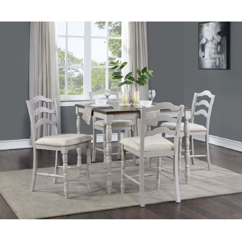 ACME Bettina Beige Fabric, Antique White & Weathered Oak Finish Bettina Counter Height Set (5PC) Model DN01439