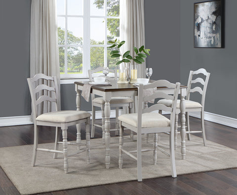 ACME Bettina Beige Fabric, Antique White & Weathered Oak Finish Bettina Counter Height Set (5PC) Model DN01439
