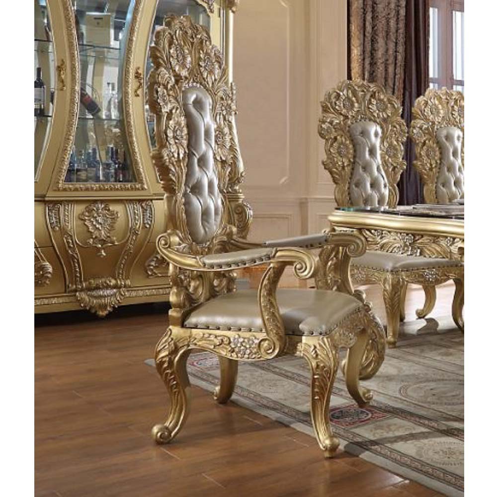 ACME Cabriole Light Gold PU & Gold Finish Cabriole Arm Chair (Set-2) Model DN01484