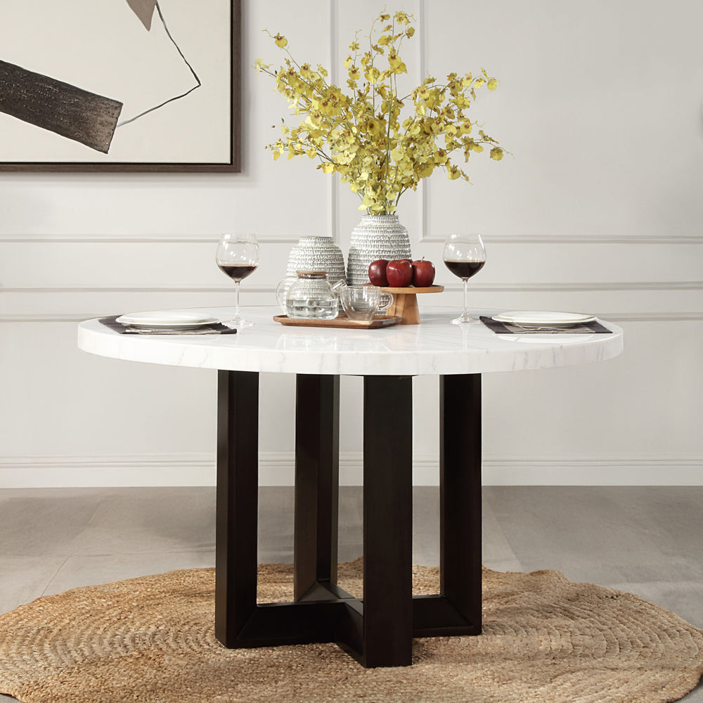 ACME Edwyn White Natural Marble Top Espresso Round Dining Table Model DN05205