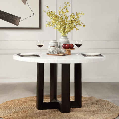 ACME Edwyn White Natural Marble Top Espresso Round Dining Table Model DN05205