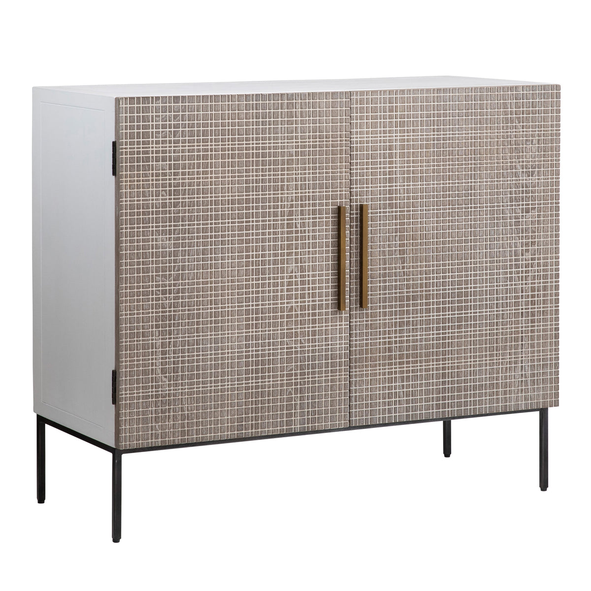 Miguel White with Light Grey Wash Doors and Black Iron Base Cabinet