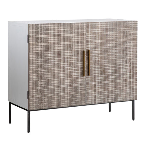 Miguel White with Light Grey Wash Doors and Black Iron Base Cabinet