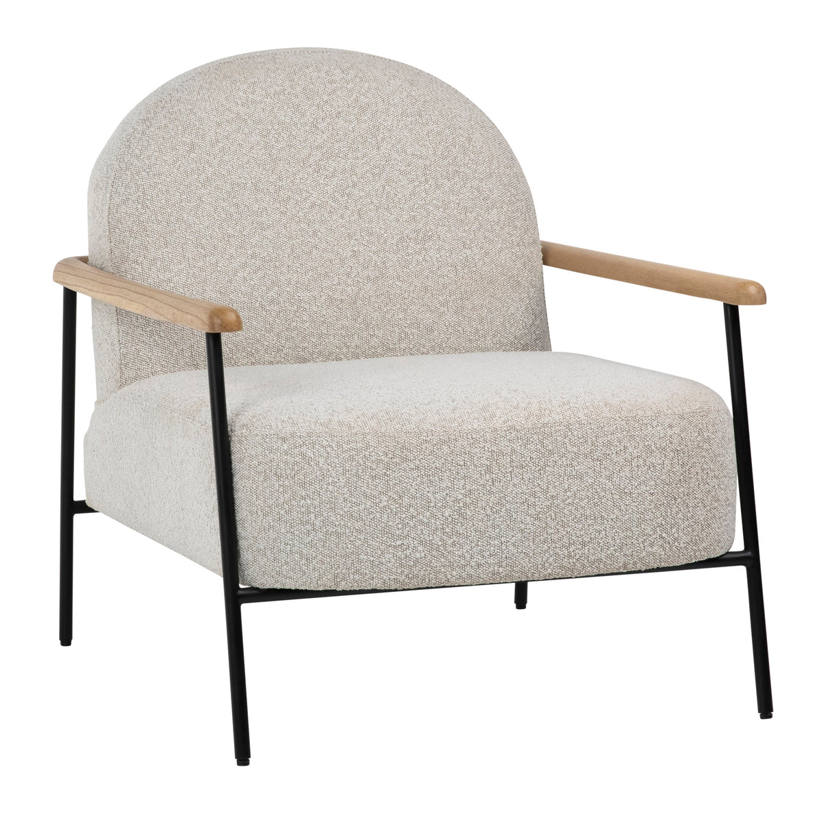 Blake Black Metal Frame with Natural Wood Armrests and Beige Boucle Fabric Occasional Chair