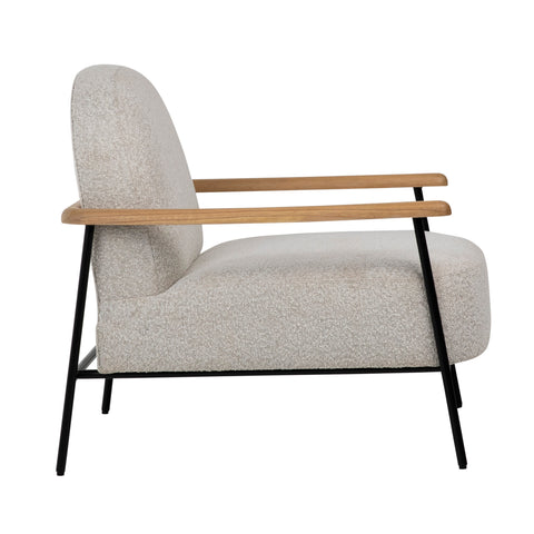 Blake Black Metal Frame with Natural Wood Armrests and Beige Boucle Fabric Occasional Chair