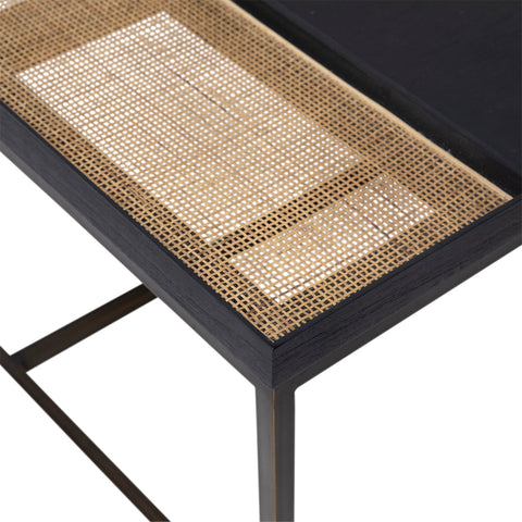 Zelda Black Wood with Antique Iron Finish and Natural Rattan Coffee Table