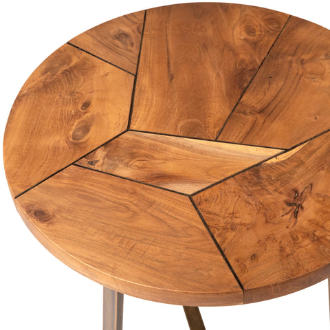 Karmek Natural Wood Finish and Antique Metal Base Side Table