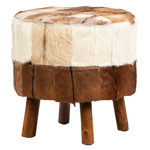 Atha Brown and White Hide with Natural Wood Finish Legs Stool