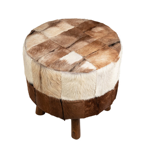 Atha Brown and White Hide with Natural Wood Finish Legs Stool