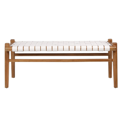 Salazar White Leather and Natural Wood Finish Bench
