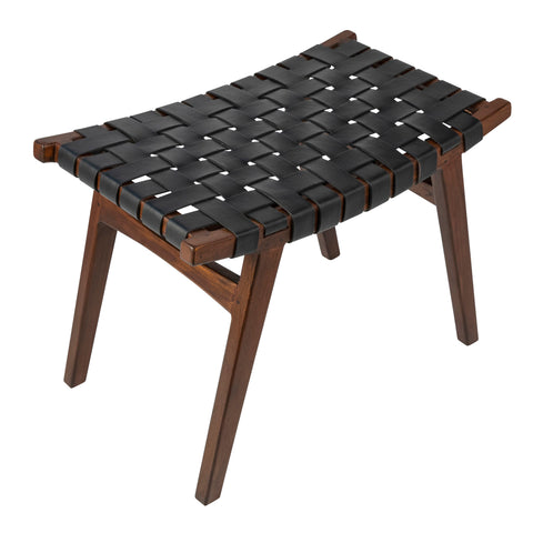 Camila Black Leather and Dark Brown Wood Finish Stool