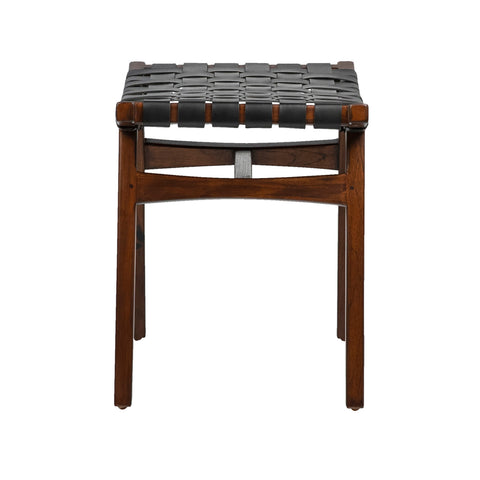Camila Black Leather and Dark Brown Wood Finish Stool