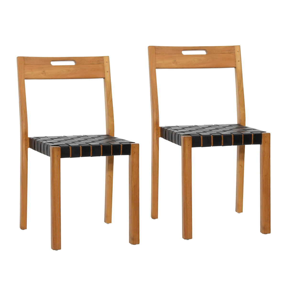 Glinda Natural Wood and Black Leather Dining Chair Set Of 2