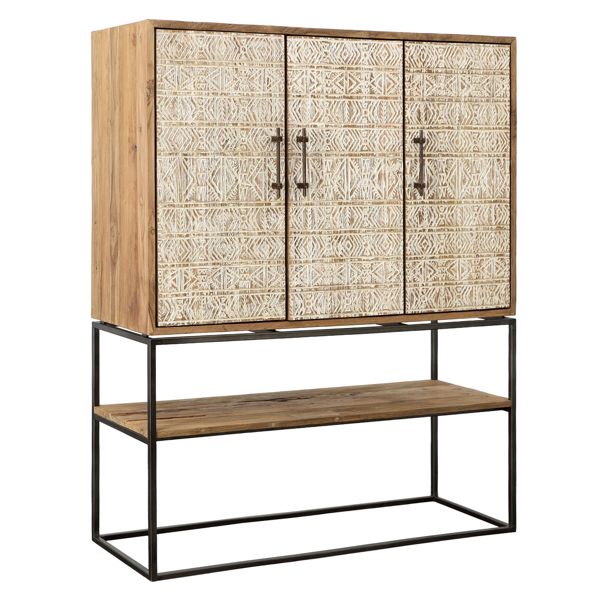 Kya Distressed Natural Finish with White Handpainted Carved Door Fronts Cabinet