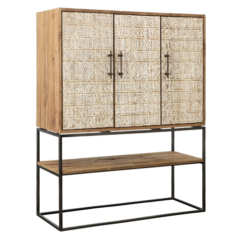 Kya Distressed Natural Finish with White Handpainted Carved Door Fronts Cabinet