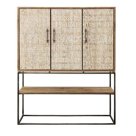 Kya Distressed Natural Finish with White Handpainted Carved Door Fronts Cabinet