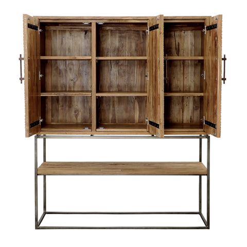 Kya Distressed Natural Finish with White Handpainted Carved Door Fronts Cabinet