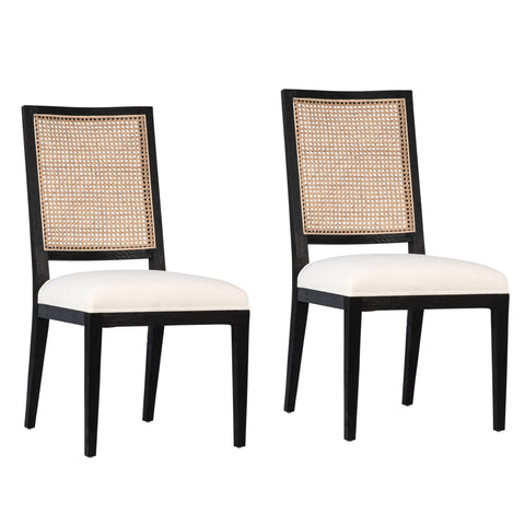 Norton Antique Black Frame with Natural Rattan and White Fabric Dining Chair Set Of 2