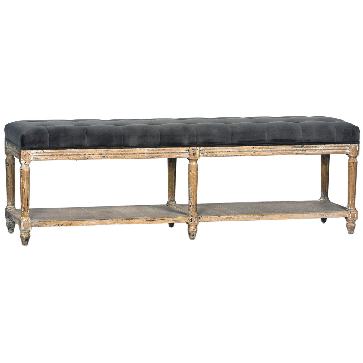 Evans Charcoal Grey Fabric and Antique Washed Wood Finish Bench