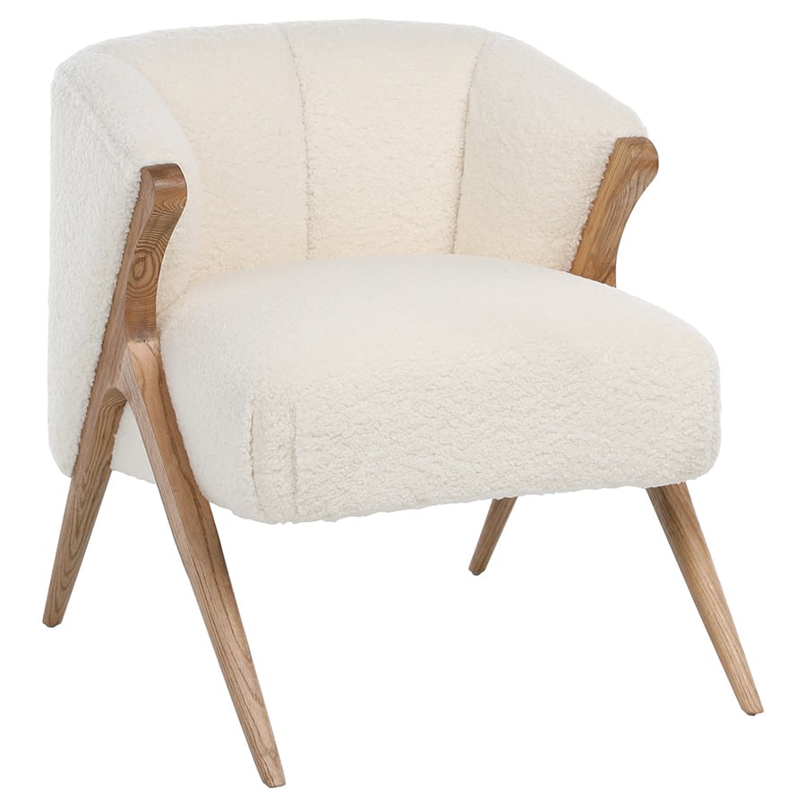 Marie Ivory Fur Seating and Natural Oak Wood Finish Occasional Chair