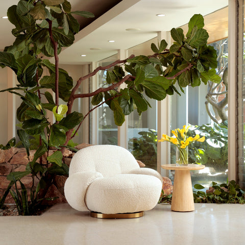 Kass Ivory Boucle Upholstery and Brushed Brass Base Swivel Chair