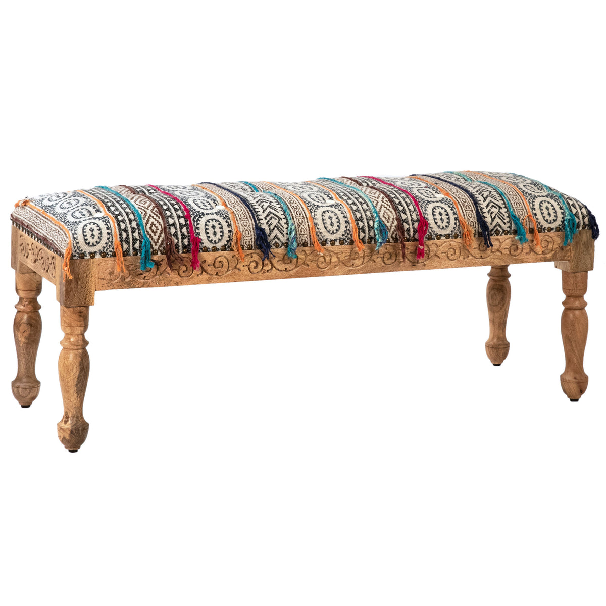 Kimari Light Brown Sealed Finish and Multicolor Upholstery Bench