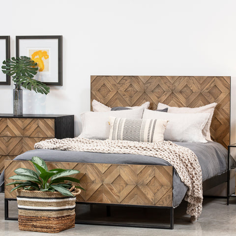 Modena Medium Brown Natural Wood Finish and Black Base Bed
