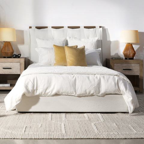 Isaiah White Upholstery with Medium Brown Wood Finish Bed