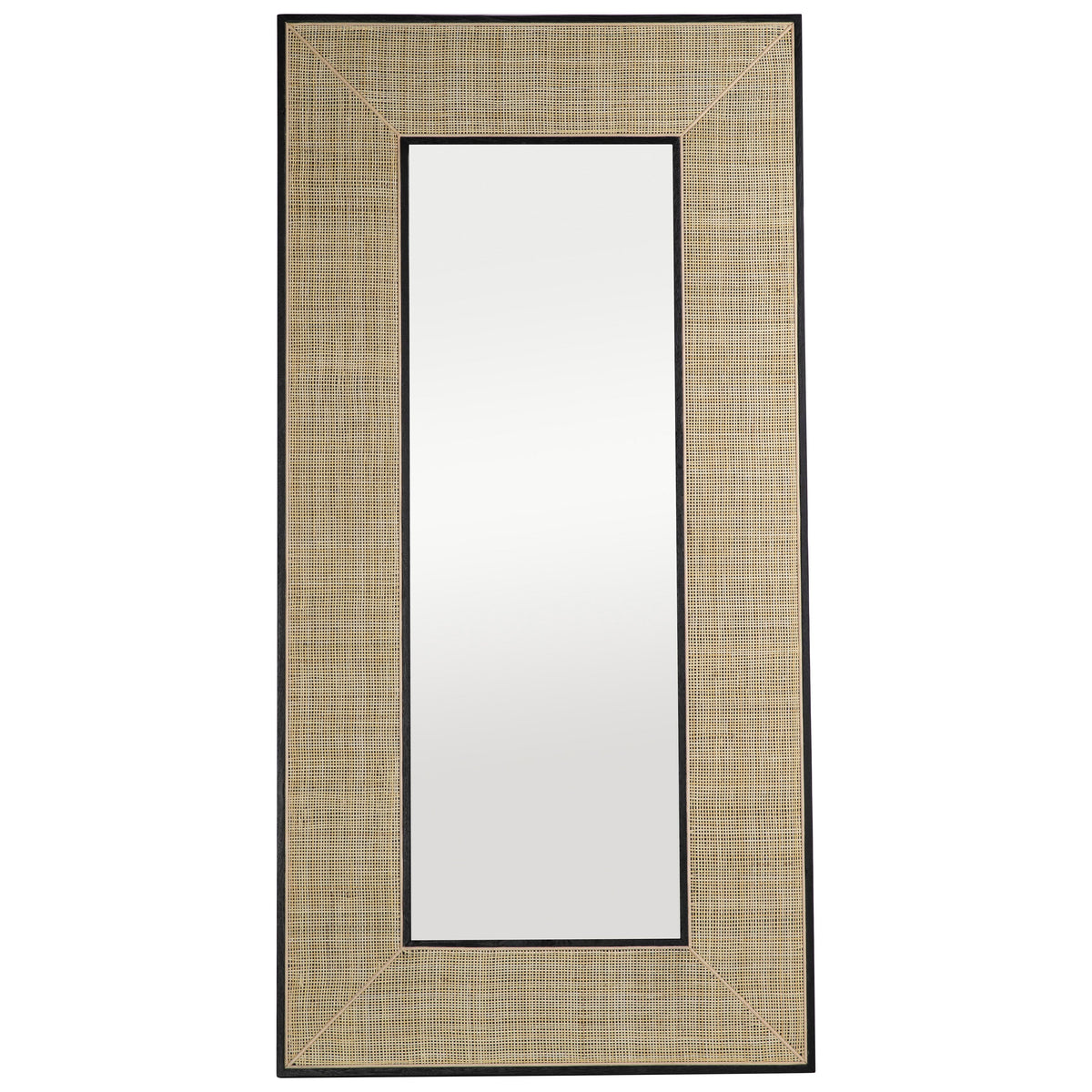 Piolo Black Wood with Natural Rattan Finish Floor Mirror