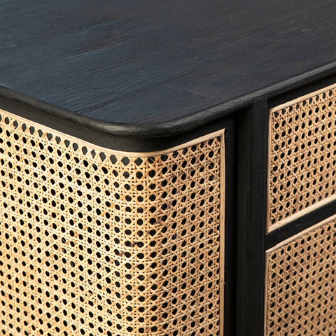 Kanton Black Finish and Natural Rattan Sideboard