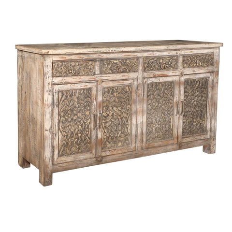Hand Distressed White Carved Old Wood Jali Door Sideboard