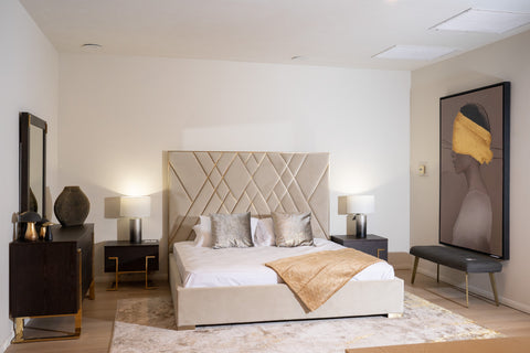 Modrest Eldora Queen Glam Beige Velvet And Brushed Brass Bed Model VGVCBD1900-19-Q