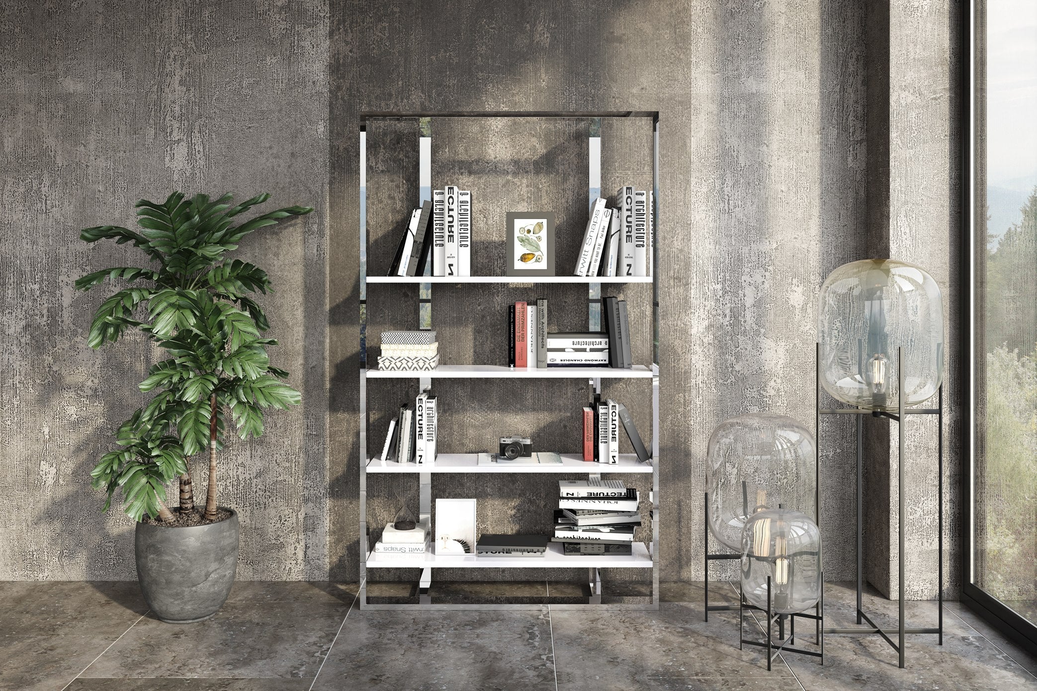 Modrest Fauna Modern White High Gloss & Stainless Steel Bookshelf Model VGBB1616BS-WHT-SHELF