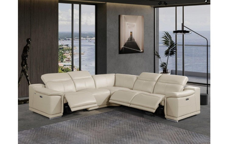 9762 DivanItalia Cream 5-Piece Sectional with 3 Power Recliners and 1 Console – Top Grain Italian LeatherModel:  9762-BEIGE-3PWR-5PC