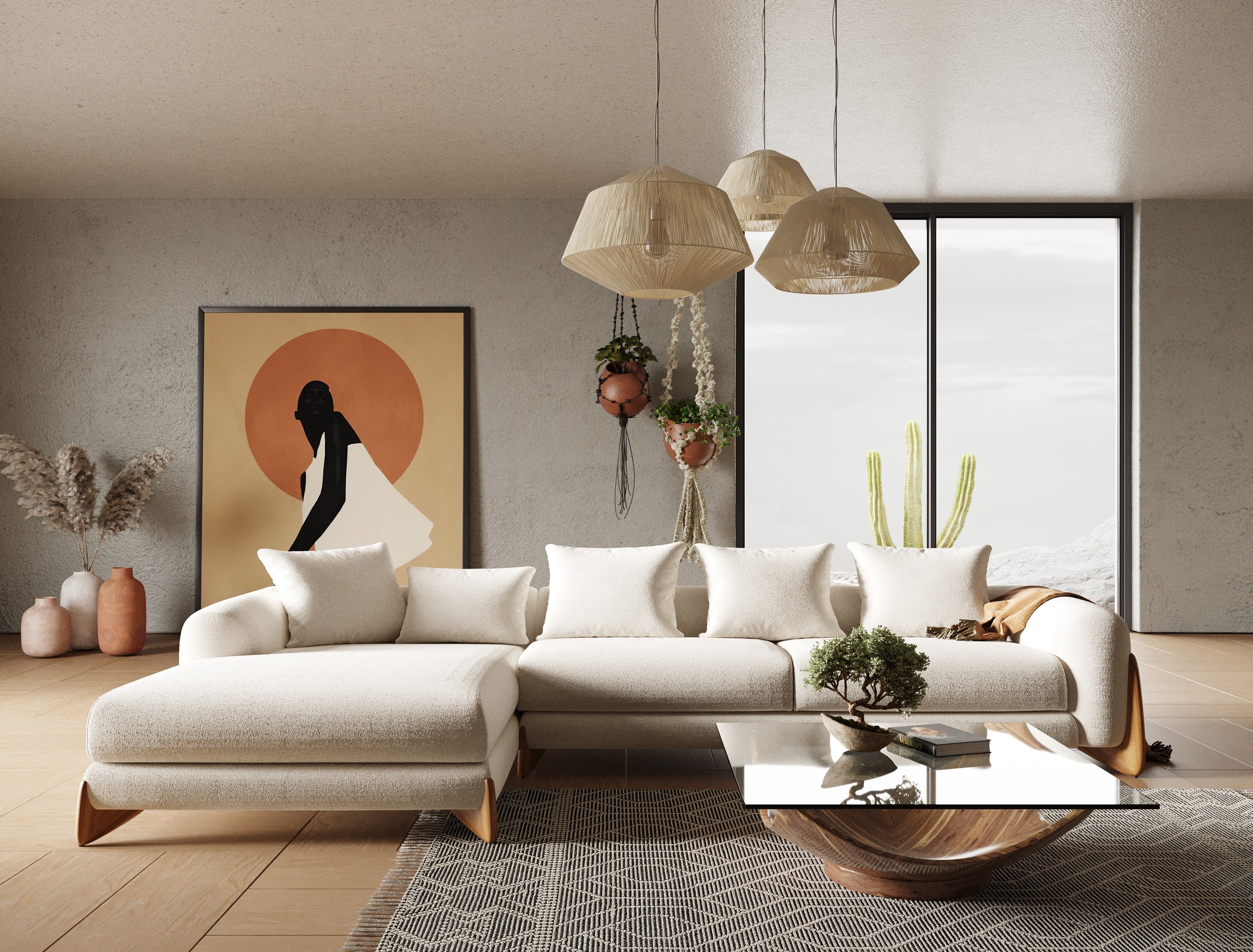 Modrest Fleury Contemporary Cream Fabric And Walnut Laf Sectional Sofa Model VGCS-21073-S-CW-LAF