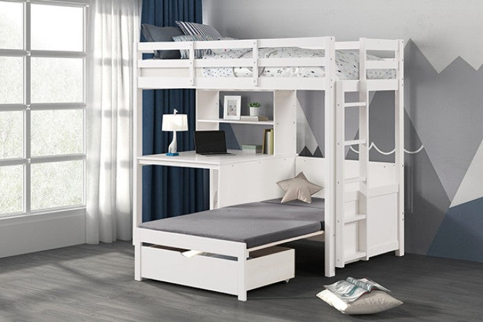 Mateo Twin/Twin Loft Bunk Bed Model Fm-Bk200Wh-Bed+Bc-Bookcase By Furniture Of America 
