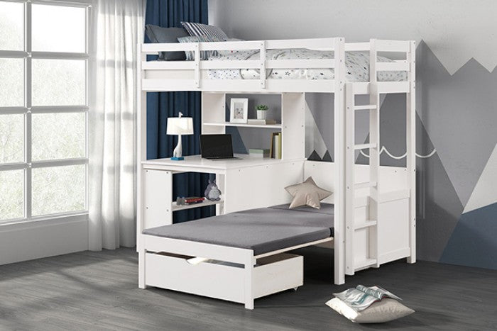 Mateo Twin/Twin Loft Bunk Bed Model Fm-Bk200Wh-Bed+Bc-Bookcase By Furniture Of America 